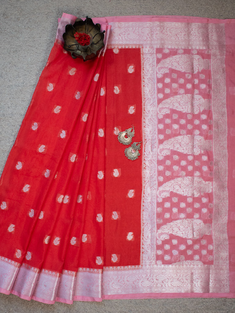 Banarasi Semi Chiffon Saree Silver Zari Buti Weaving & Contrast Border-Red