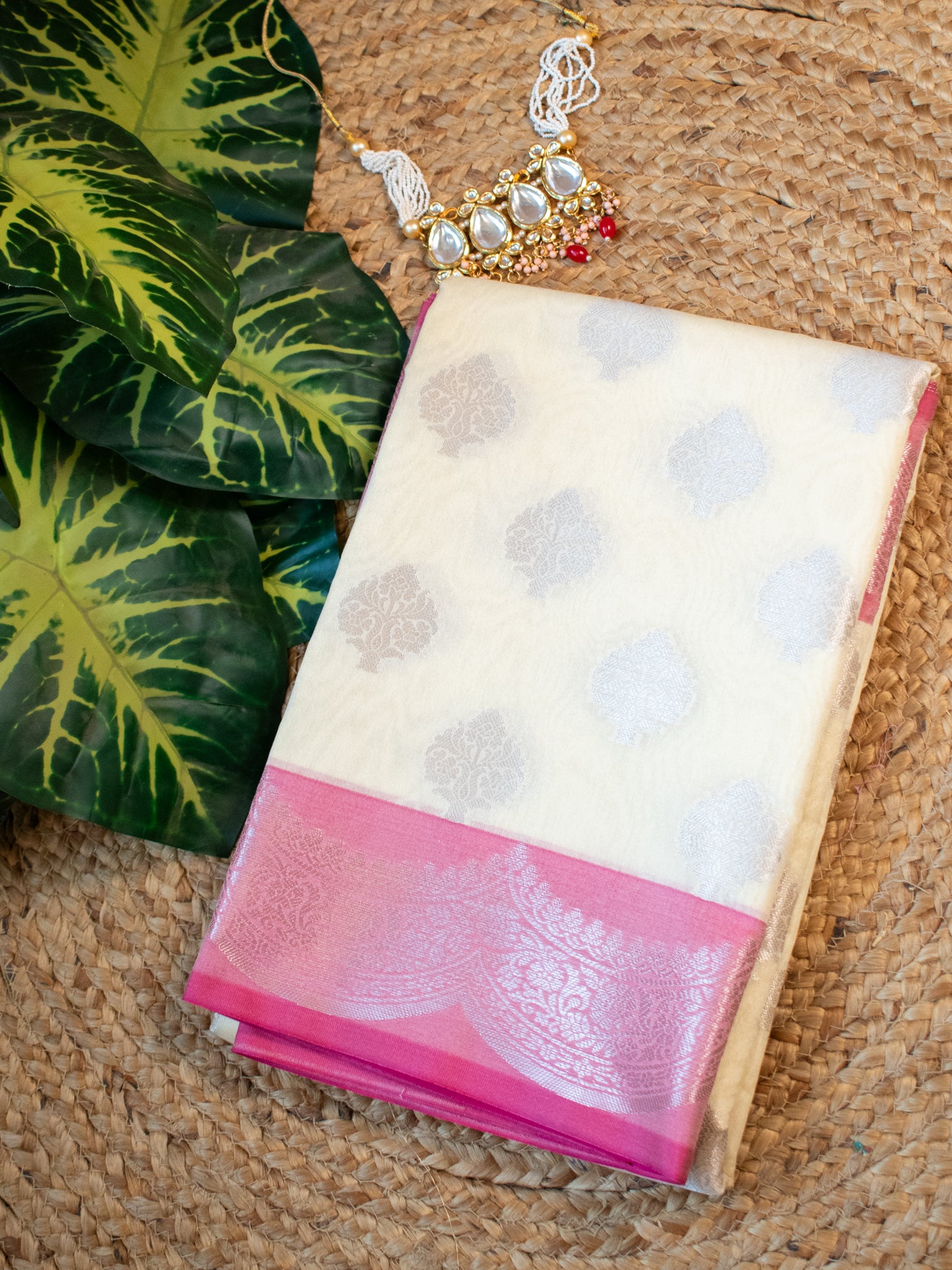 Banarasi Cotton Silk Saree With Buta & Contrast Border- Cream