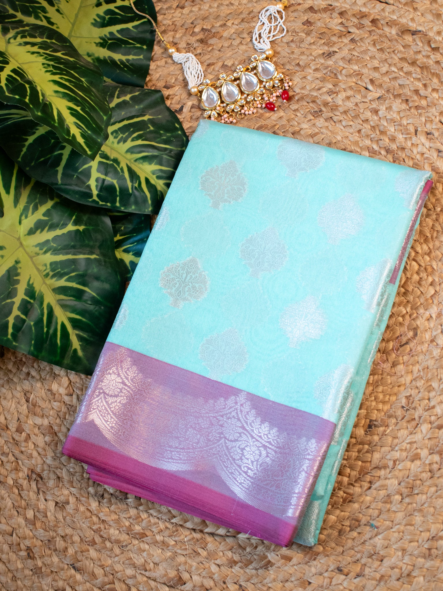 Banarasi Cotton Silk Saree With Buta & Contrast Border- Blue