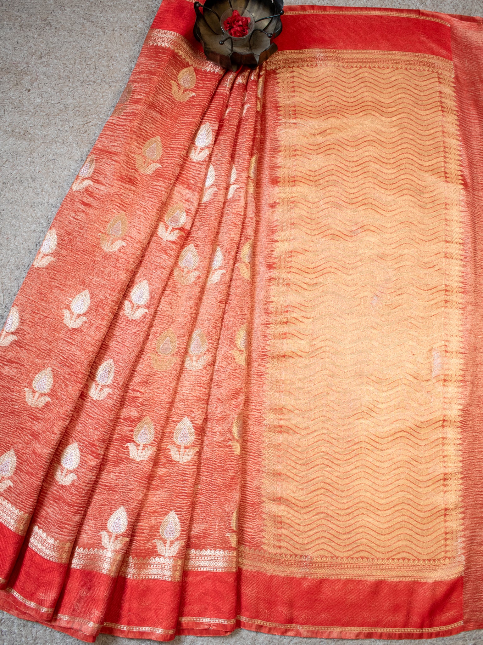Banarasi Katan Crushed Tissue Saree With Border - Orange
