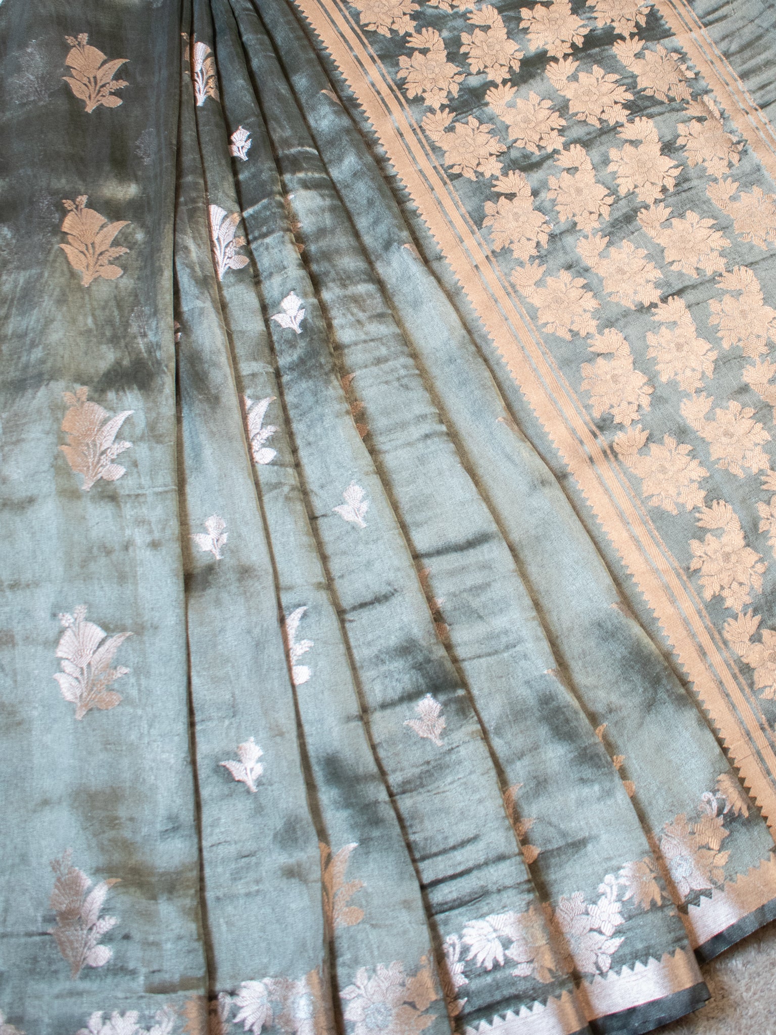Banarasi Shaded Tissue Saree With Silver Weaving - Grey
