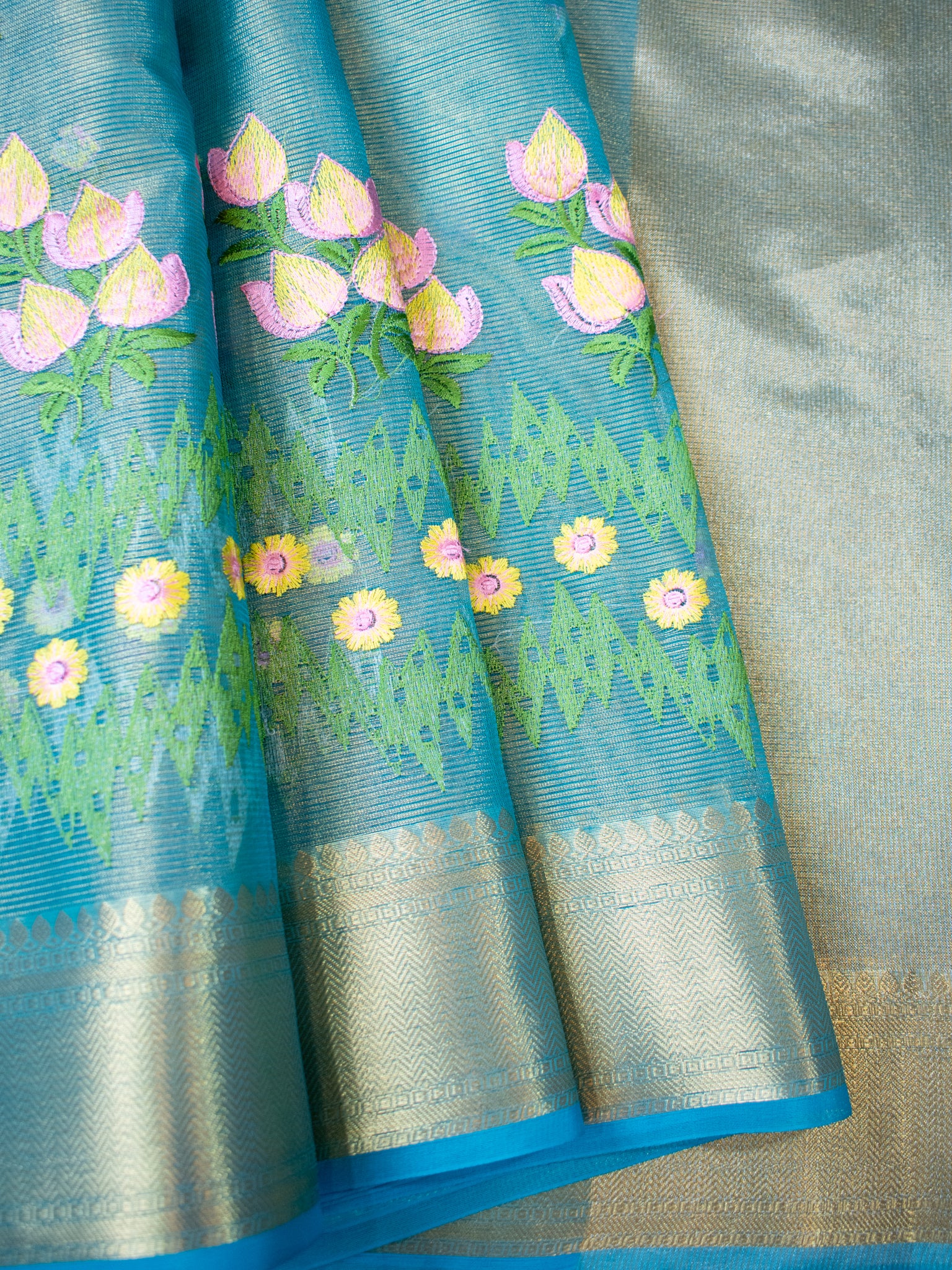 Banarasi Tissue Saree With Embroidery & Border - Blue