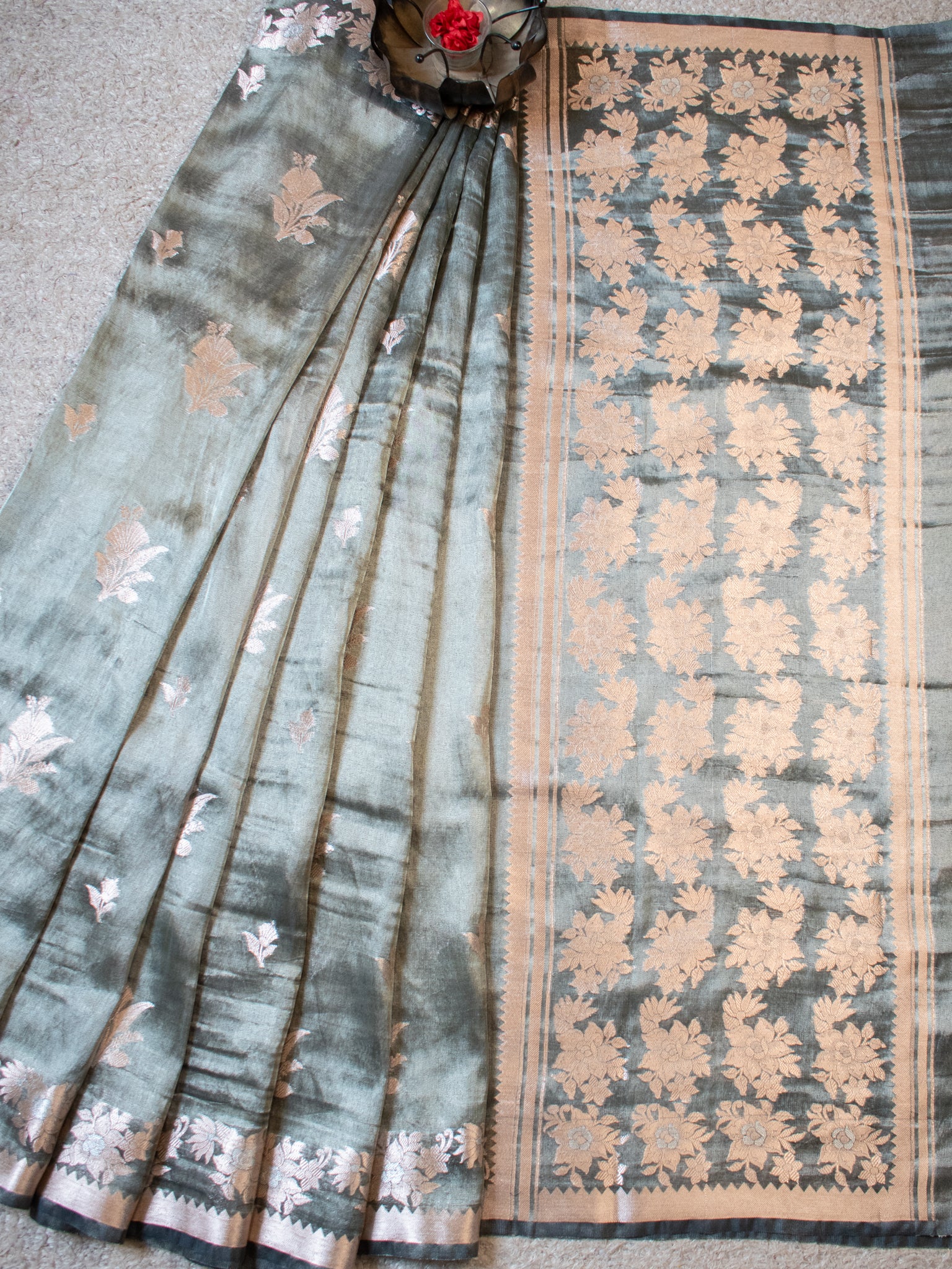 Banarasi Shaded Tissue Saree With Silver Weaving - Grey