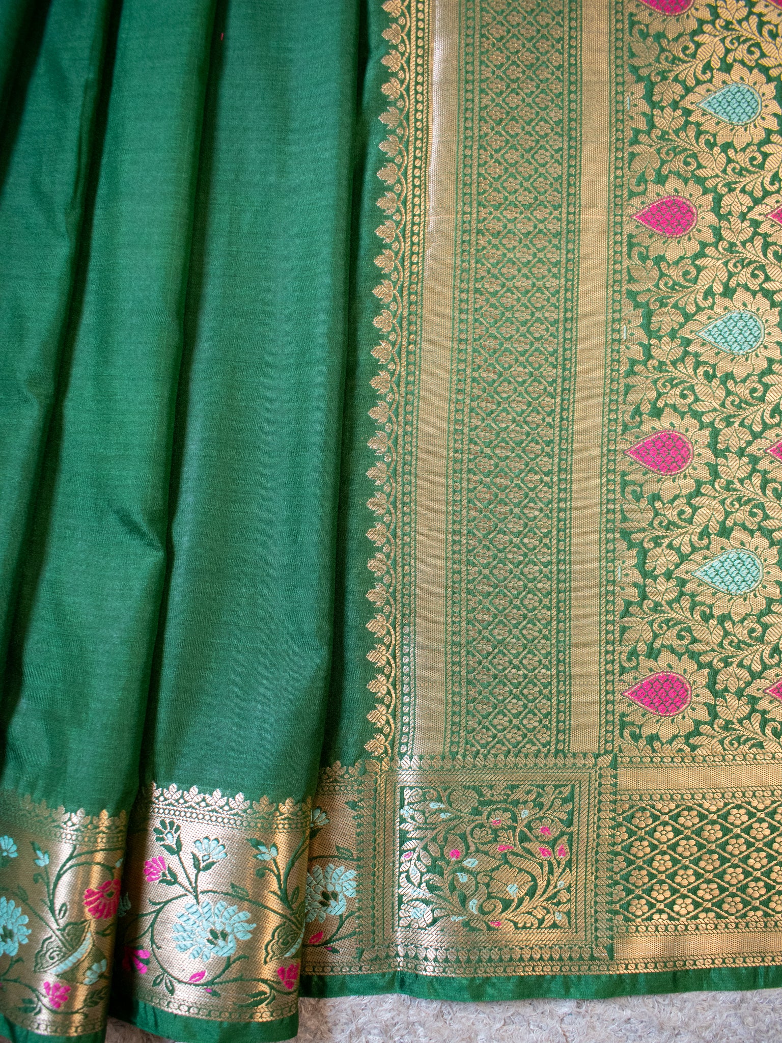Banarasi Plain Semi Katan Saree With Meena Border- Green