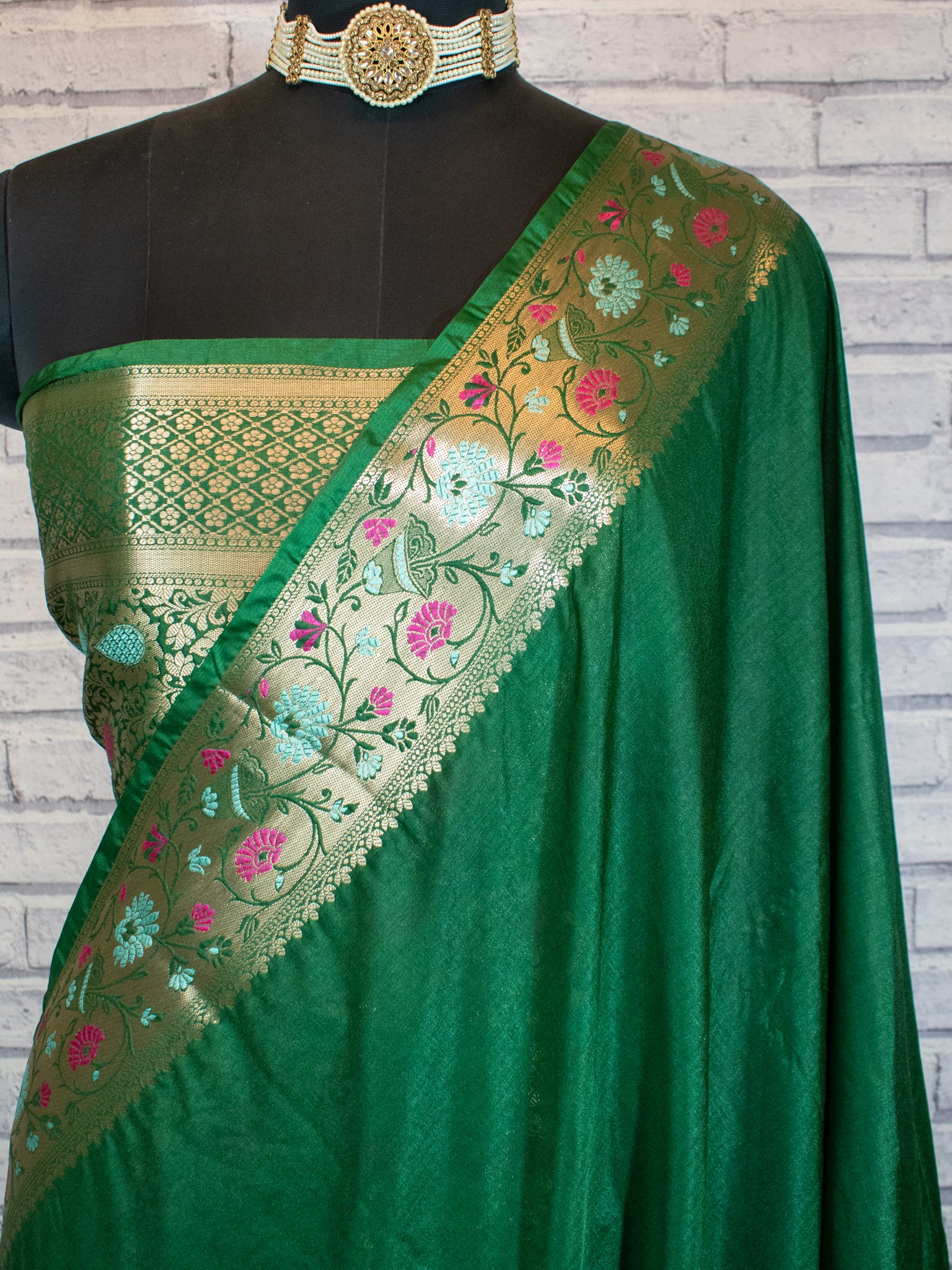 Banarasi Plain Semi Katan Saree With Meena Border- Green