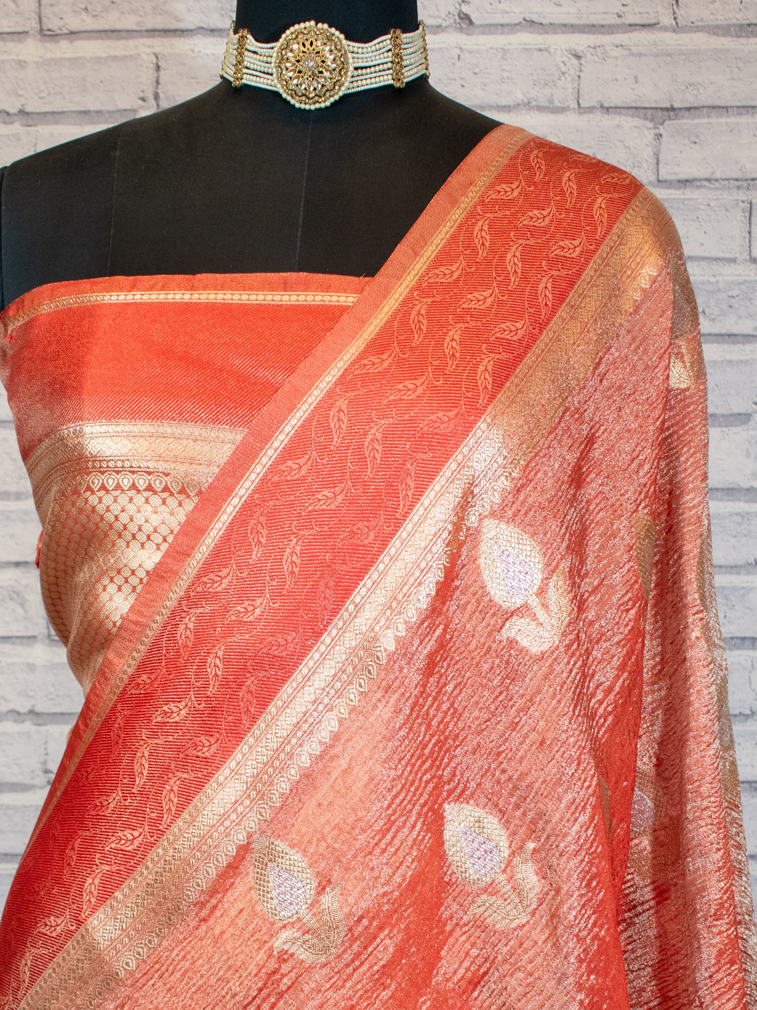 Banarasi Katan Crushed Tissue Saree With Border - Orange