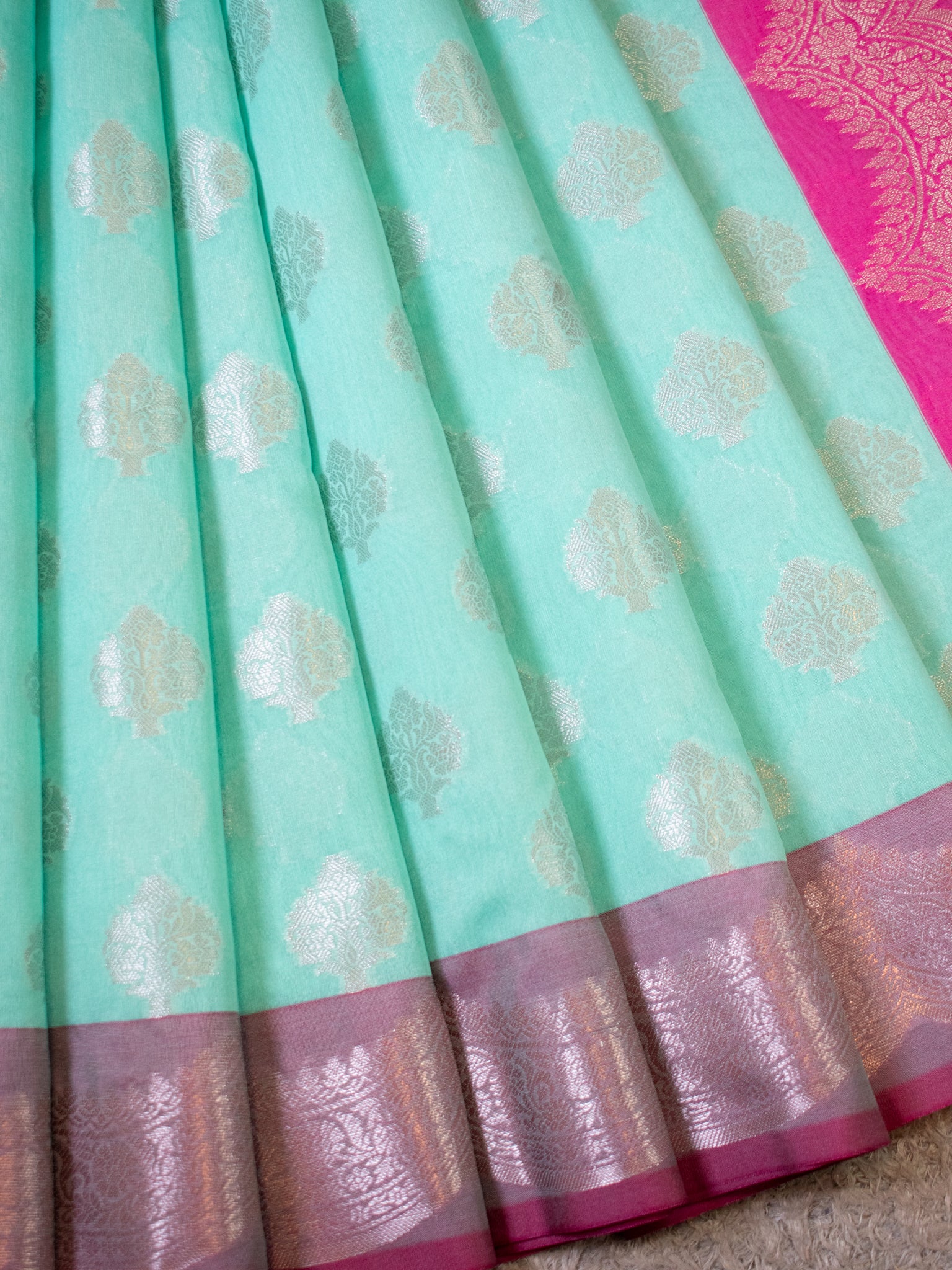 Banarasi Cotton Silk Saree With Buta & Contrast Border- Blue