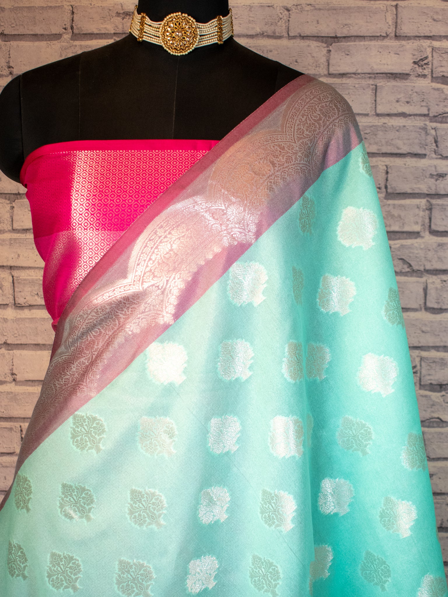 Banarasi Cotton Silk Saree With Buta & Contrast Border- Blue