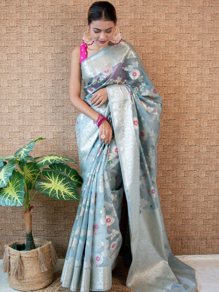 Banarasi Semi Silk Saree With Jaal Zari & Meena Weaving-Grey