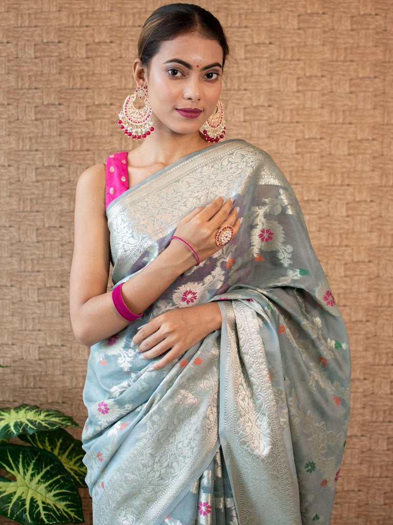 Banarasi Semi Silk Saree With Jaal Zari & Meena Weaving-Grey