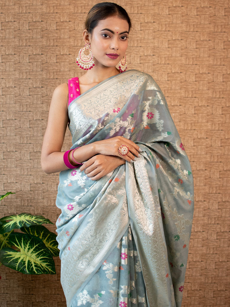 Banarasi Semi Silk Saree With Jaal Zari & Meena Weaving-Grey