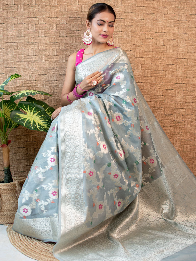 Banarasi Semi Silk Saree With Jaal Zari & Meena Weaving-Grey