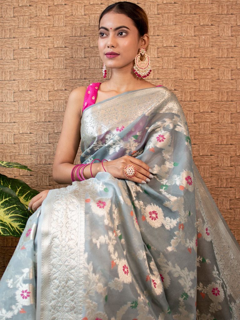 Banarasi Semi Silk Saree With Jaal Zari & Meena Weaving-Grey