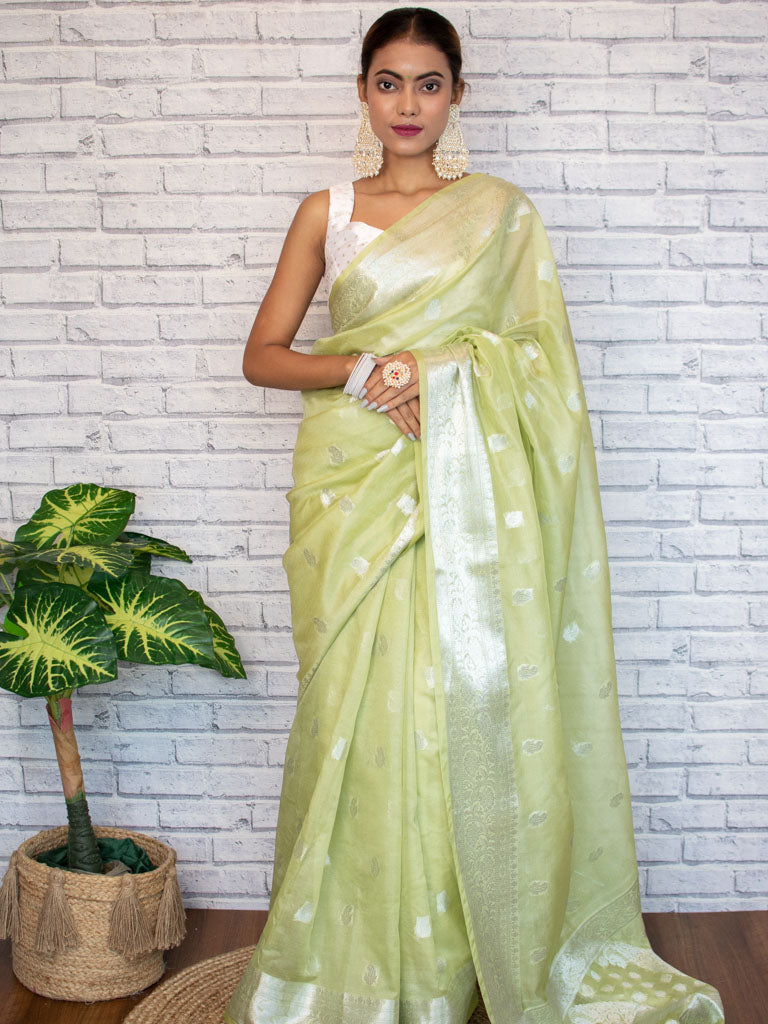 Banarasi Semi Chiffon Saree Silver Zari Buti Weaving-Green