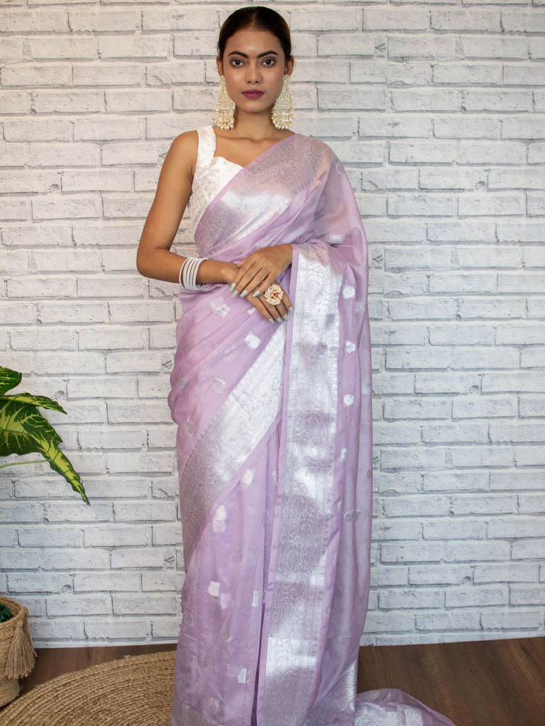 Banarasi Semi Chiffon Saree Silver Zari Buti Weaving-Lavender