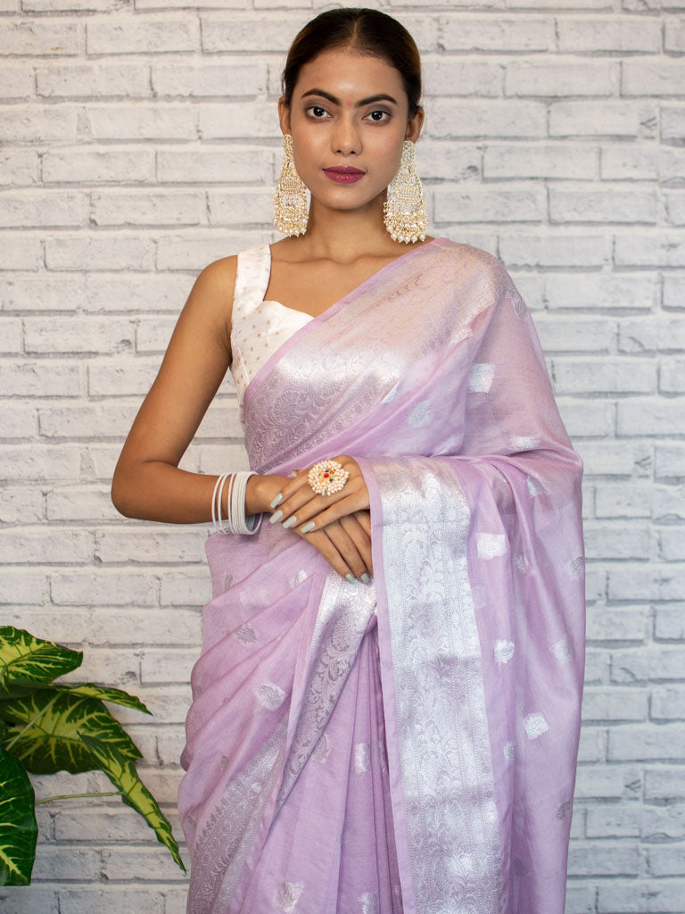 Banarasi Semi Chiffon Saree Silver Zari Buti Weaving-Lavender