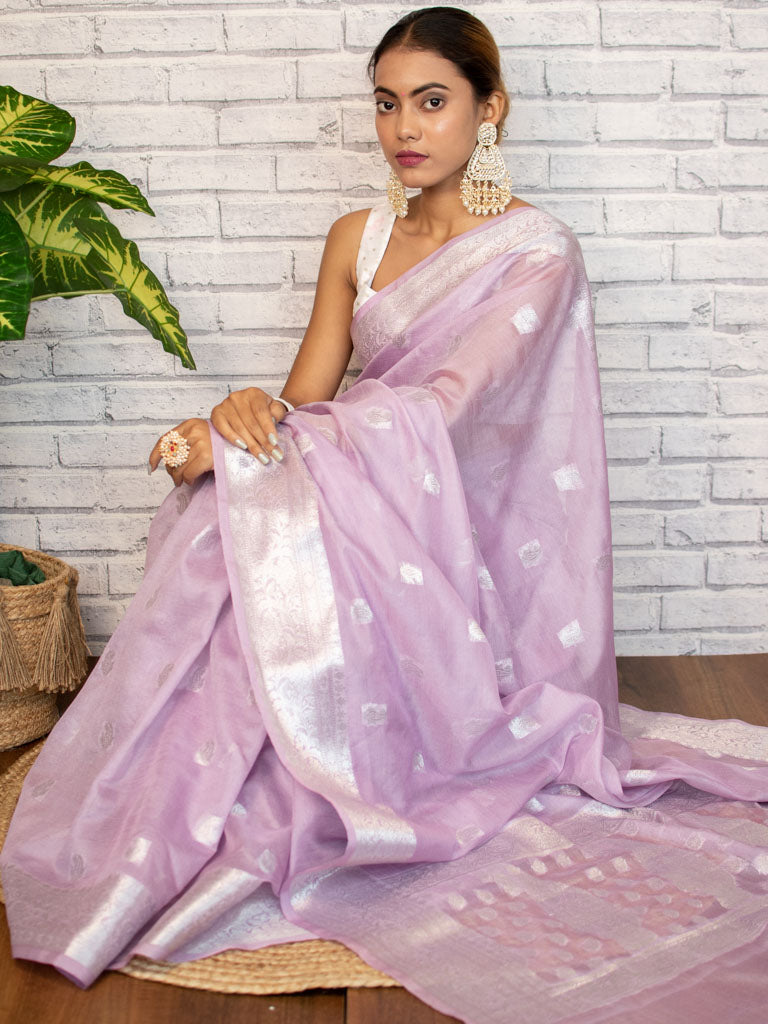 Banarasi Semi Chiffon Saree Silver Zari Buti Weaving-Lavender