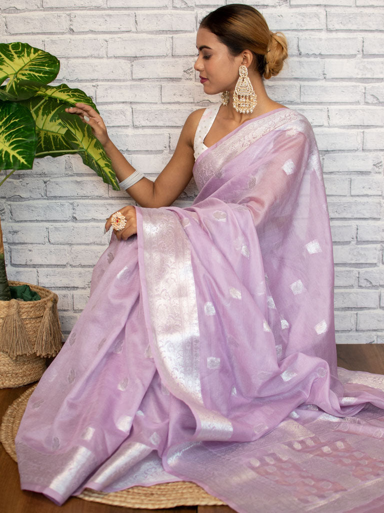 Banarasi Semi Chiffon Saree Silver Zari Buti Weaving-Lavender
