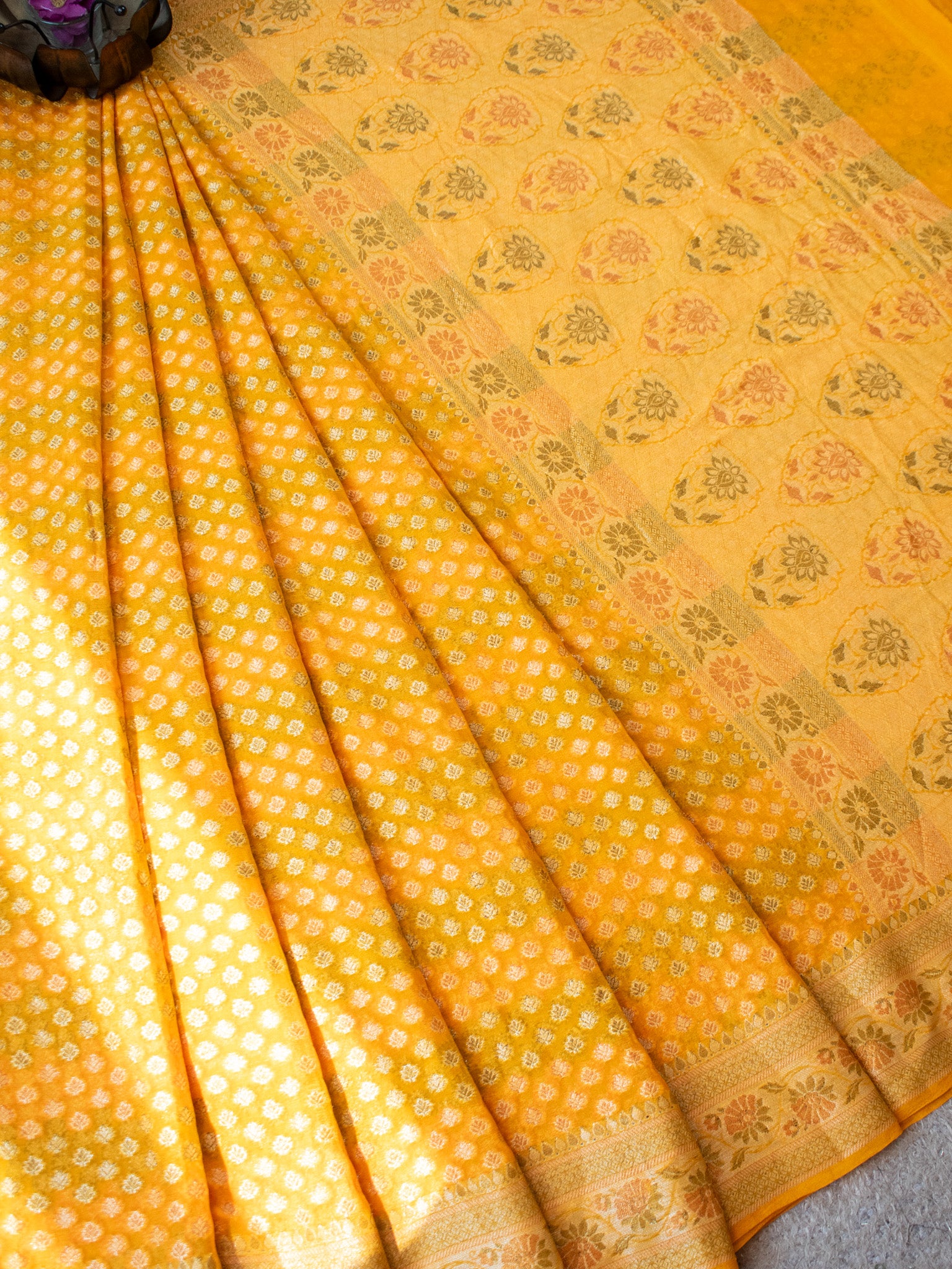 Banaras Pure Georgette Saree With Resham Buti Weaving-Yellow