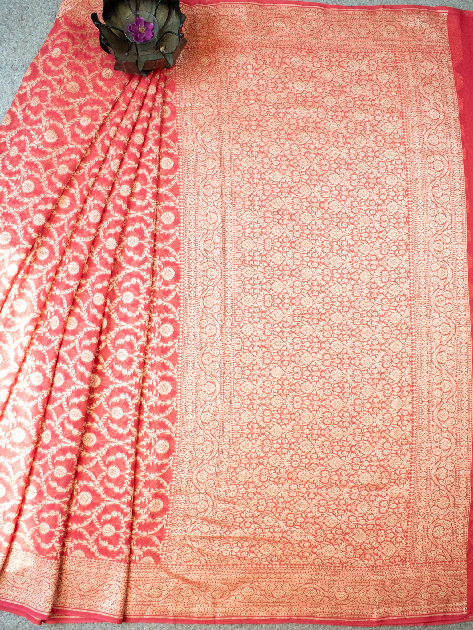 Banaras Pure Georgette Saree With Resham Floral Weaving- Peach