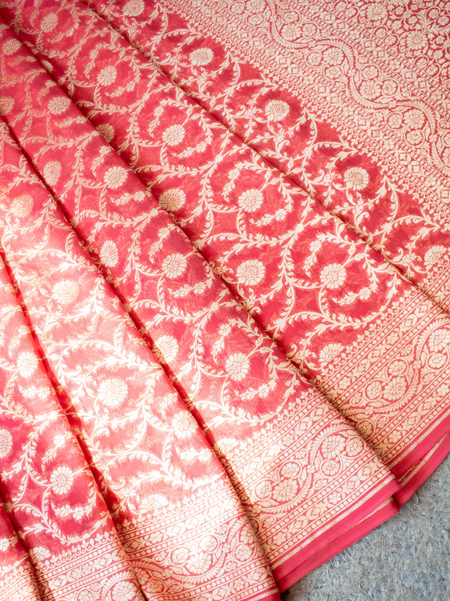 Banaras Pure Georgette Saree With Resham Floral Weaving- Peach