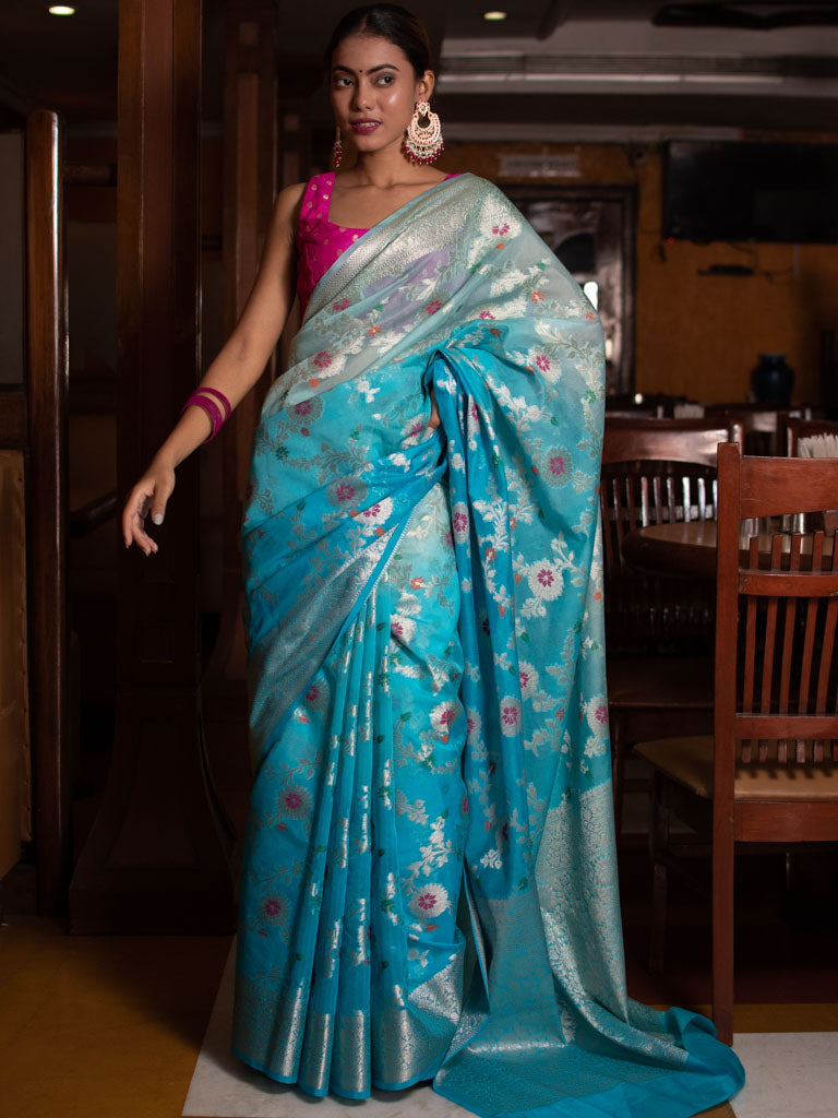 Banarasi Shaded Semi Silk Saree With Jaal Zari & Meena Weaving-Blue