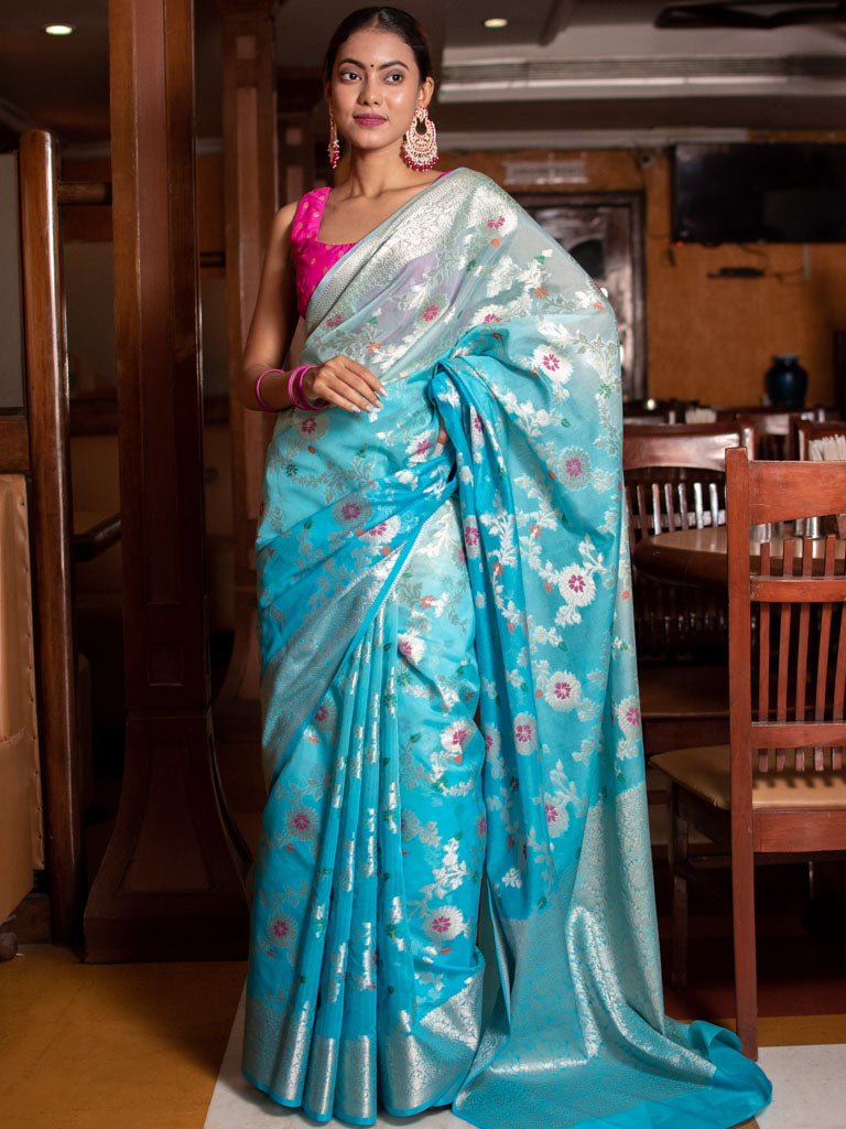 Banarasi Shaded Semi Silk Saree With Jaal Zari & Meena Weaving-Blue