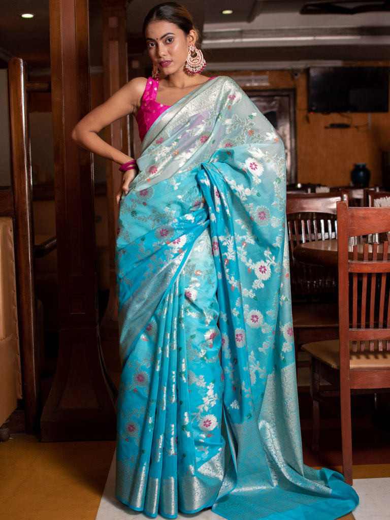Banarasi Shaded Semi Silk Saree With Jaal Zari & Meena Weaving-Blue
