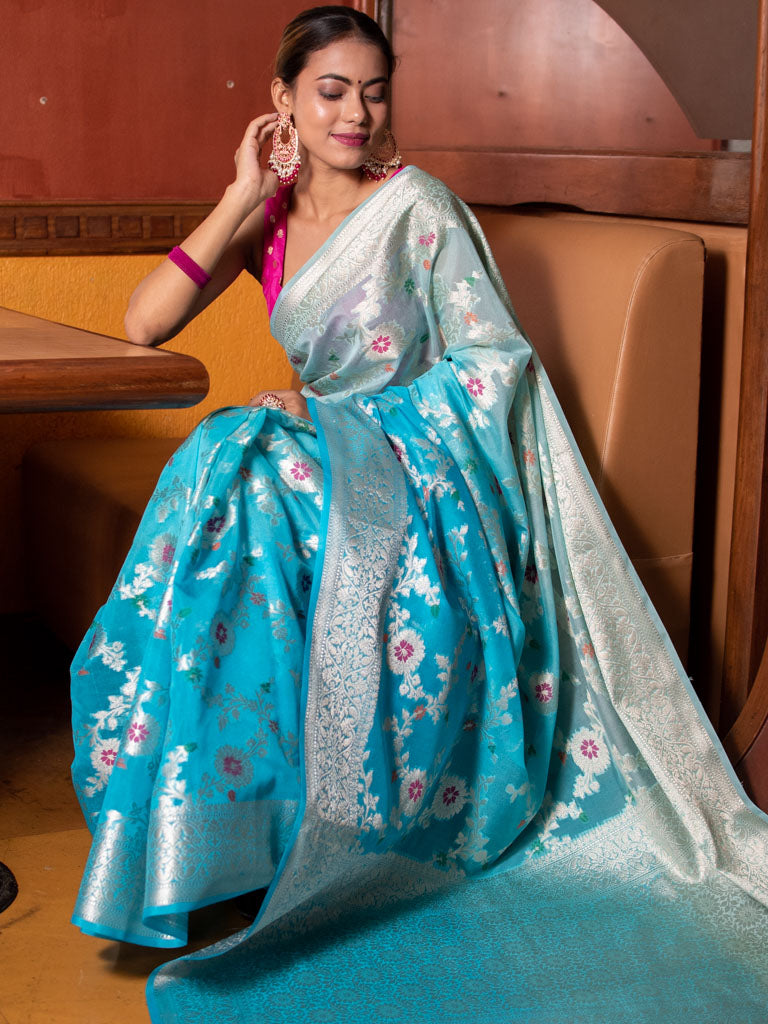Banarasi Shaded Semi Silk Saree With Jaal Zari & Meena Weaving-Blue