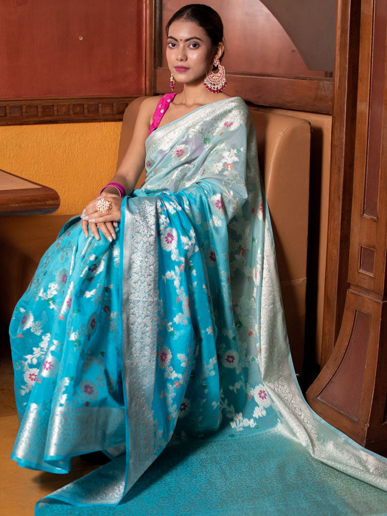 Banarasi Shaded Semi Silk Saree With Jaal Zari & Meena Weaving-Blue
