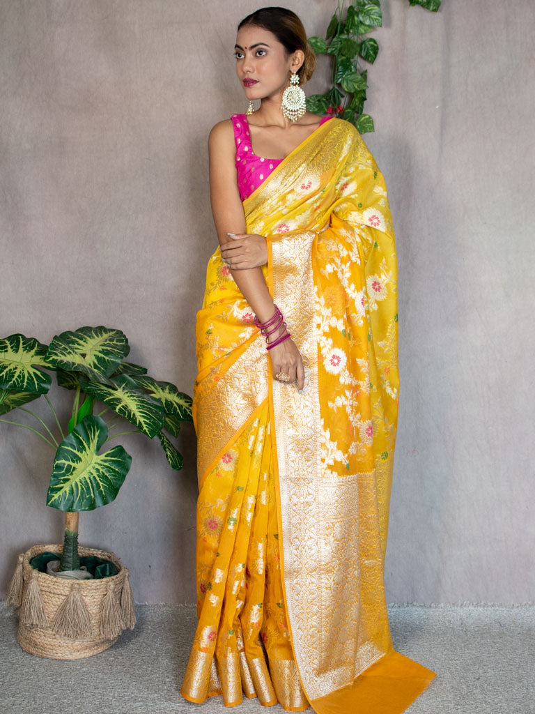 Banarasi Shaded Semi Silk Saree With Jaal Zari & Meena Weaving-Yellow