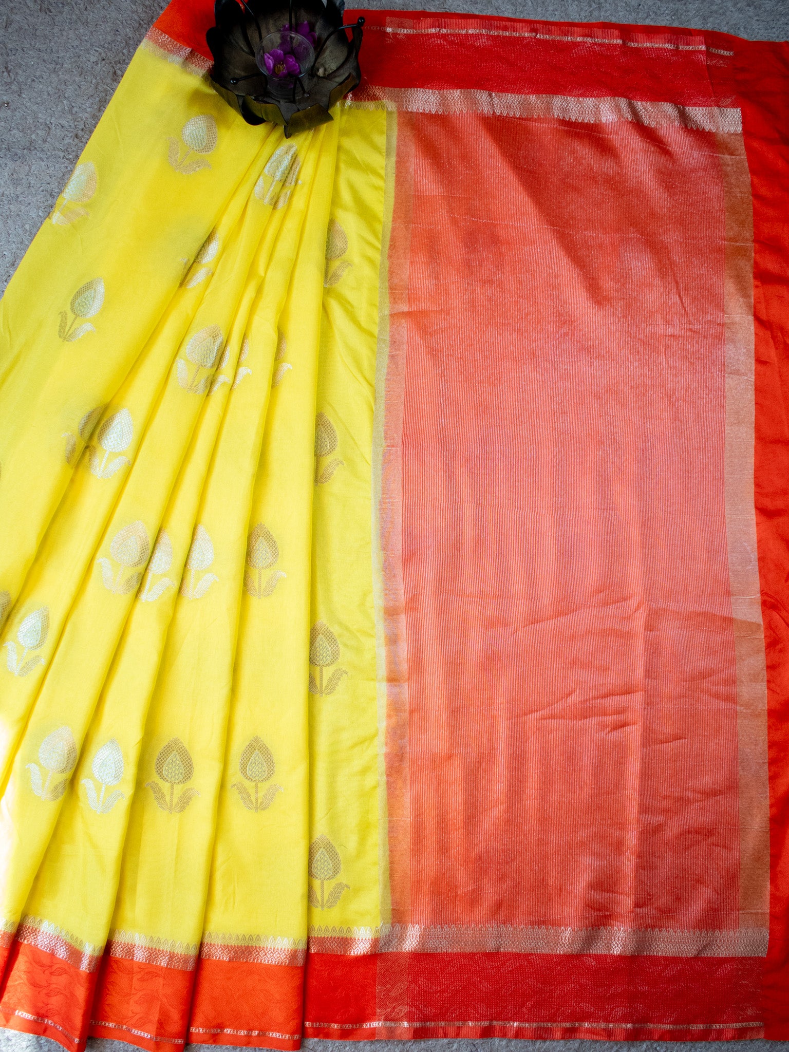 Banarasi Semi Silk Saree With Floral Zari Weaving & Contrast Border - Yellow