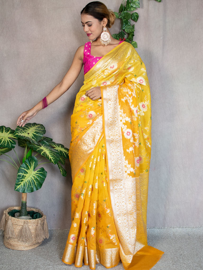 Banarasi Shaded Semi Silk Saree With Jaal Zari & Meena Weaving-Yellow