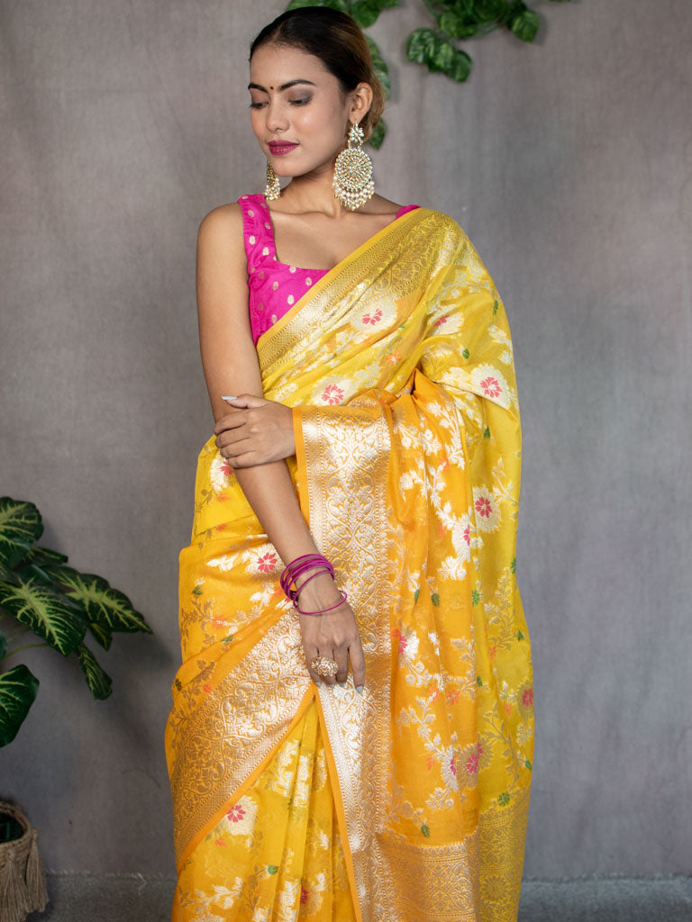 Banarasi Shaded Semi Silk Saree With Jaal Zari & Meena Weaving-Yellow