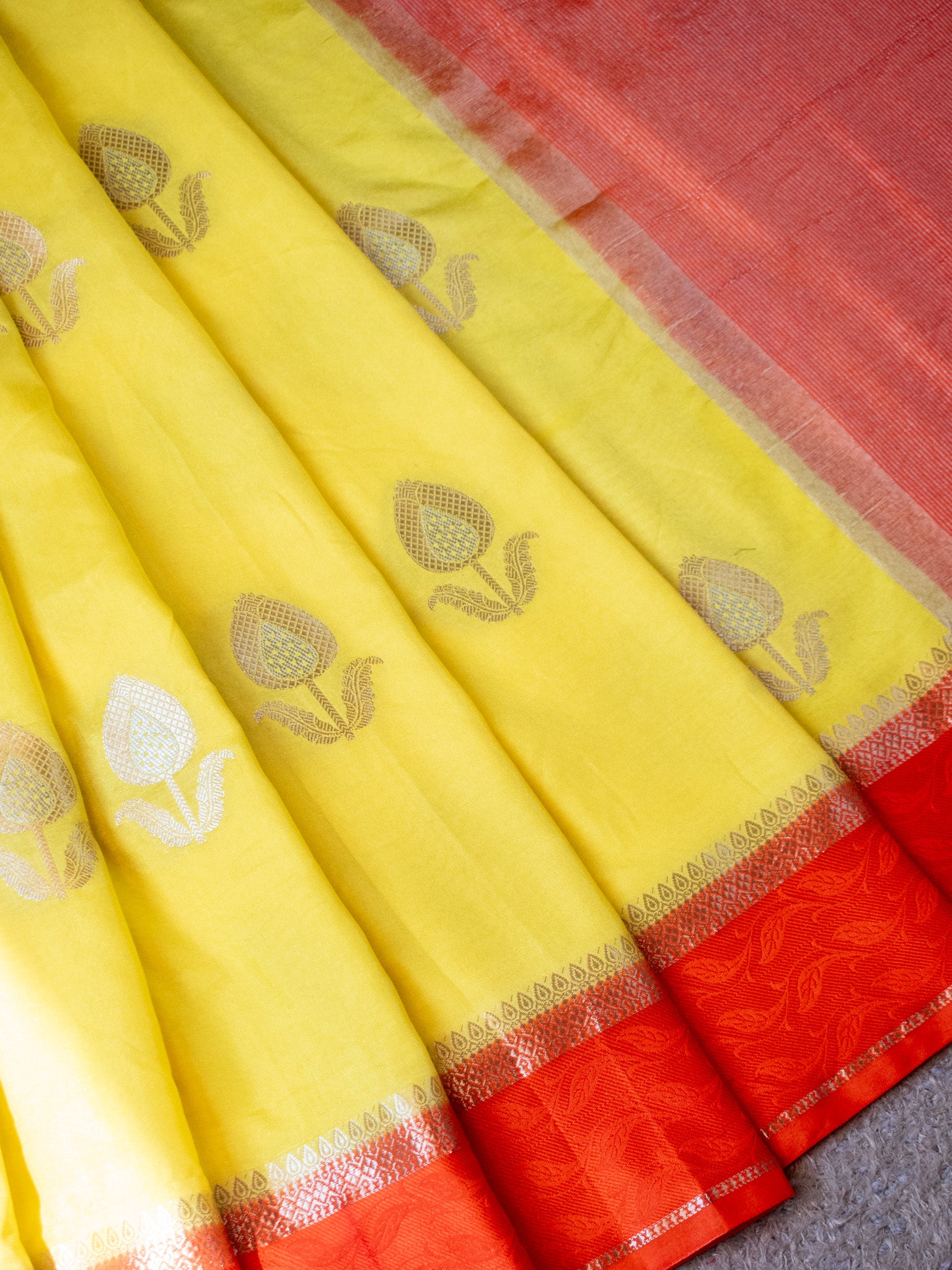 Banarasi Semi Silk Saree With Floral Zari Weaving & Contrast Border - Yellow