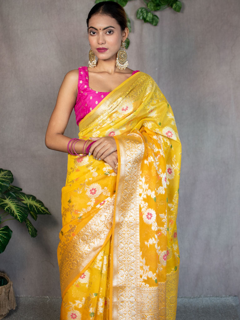 Banarasi Shaded Semi Silk Saree With Jaal Zari & Meena Weaving-Yellow
