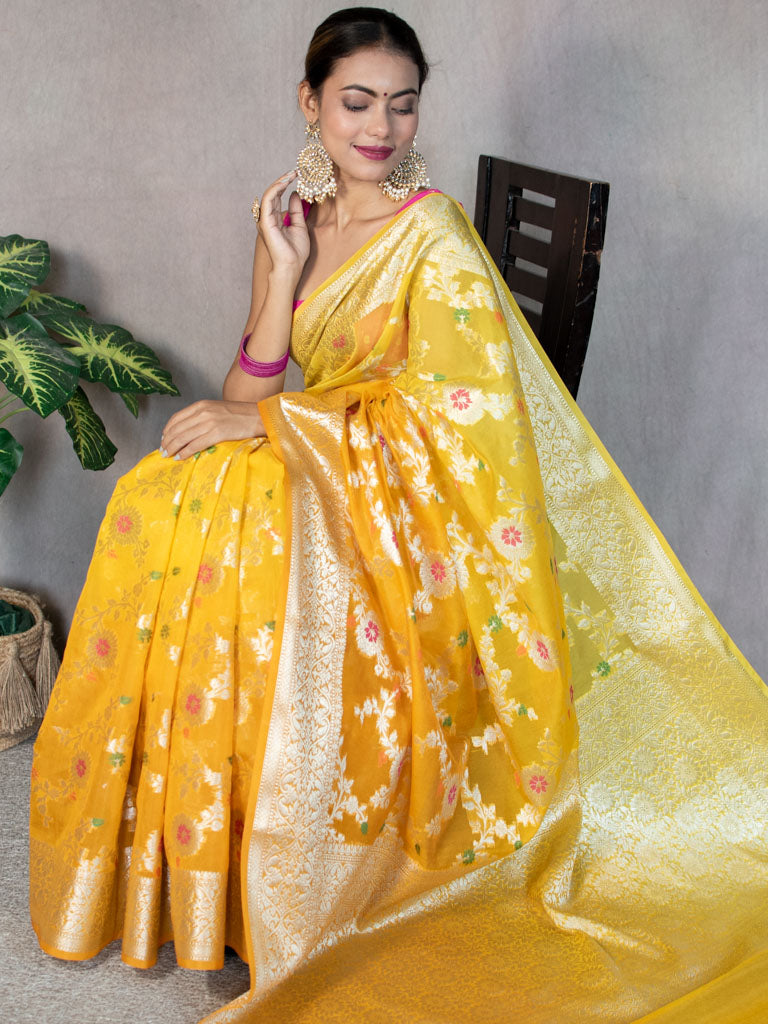 Banarasi Shaded Semi Silk Saree With Jaal Zari & Meena Weaving-Yellow