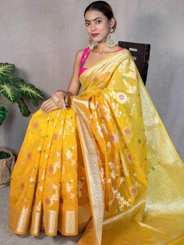 Banarasi Shaded Semi Silk Saree With Jaal Zari & Meena Weaving-Yellow