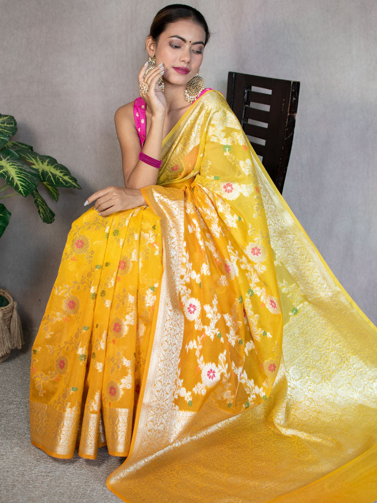 Banarasi Shaded Semi Silk Saree With Jaal Zari & Meena Weaving-Yellow
