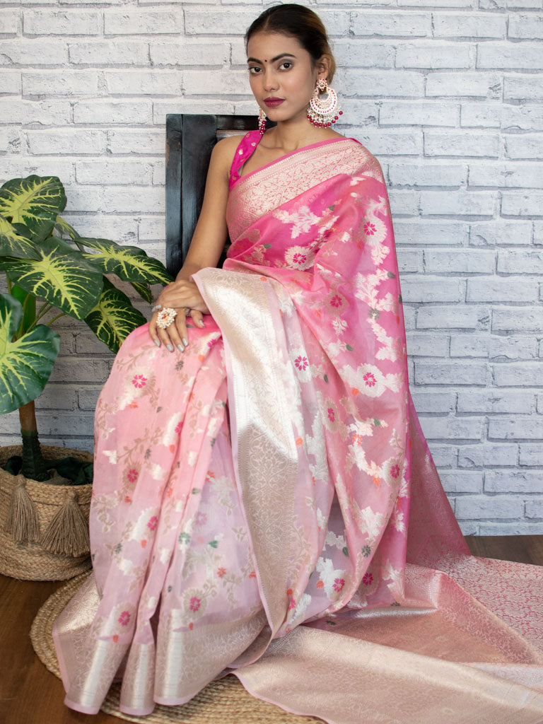 Banarasi Shaded Semi Silk Saree With Jaal Zari & Meena Weaving-Pink