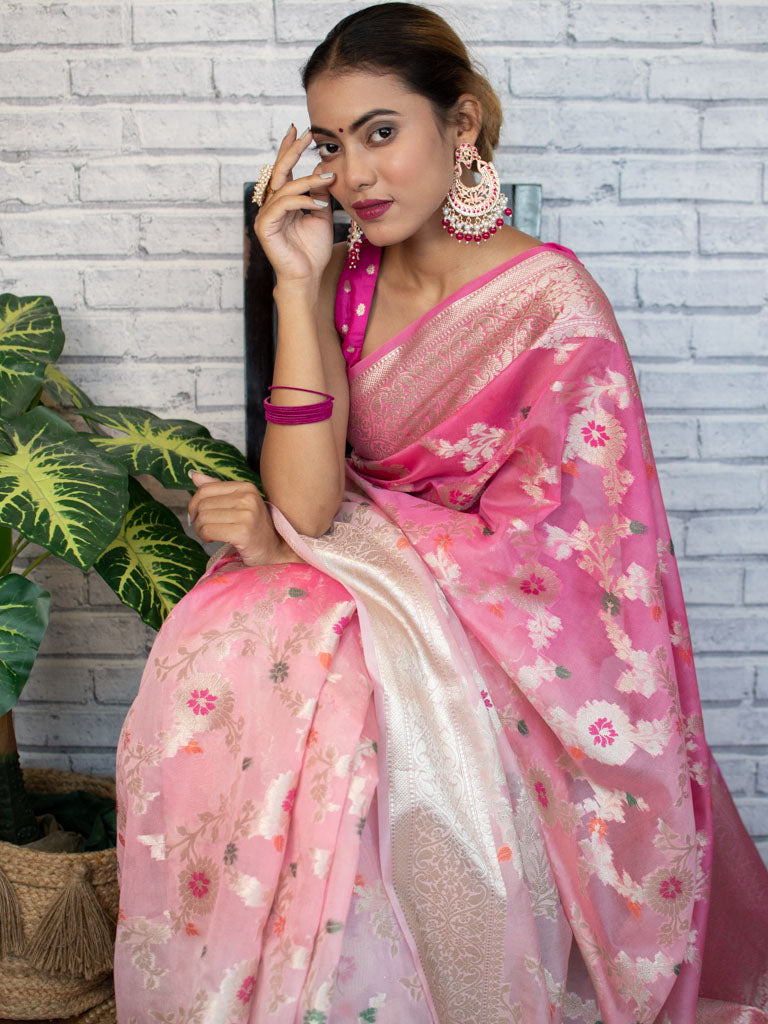 Banarasi Shaded Semi Silk Saree With Jaal Zari & Meena Weaving-Pink