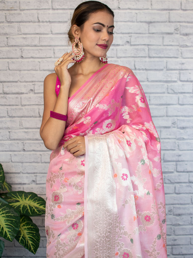 Banarasi Shaded Semi Silk Saree With Jaal Zari & Meena Weaving-Pink