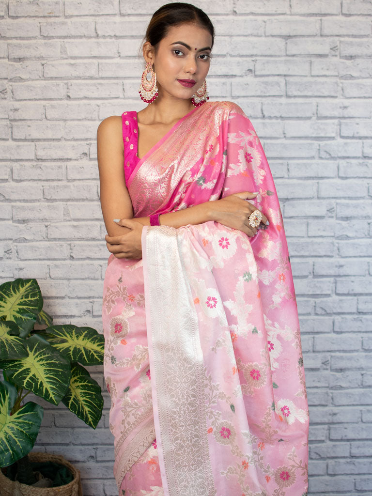 Banarasi Shaded Semi Silk Saree With Jaal Zari & Meena Weaving-Pink