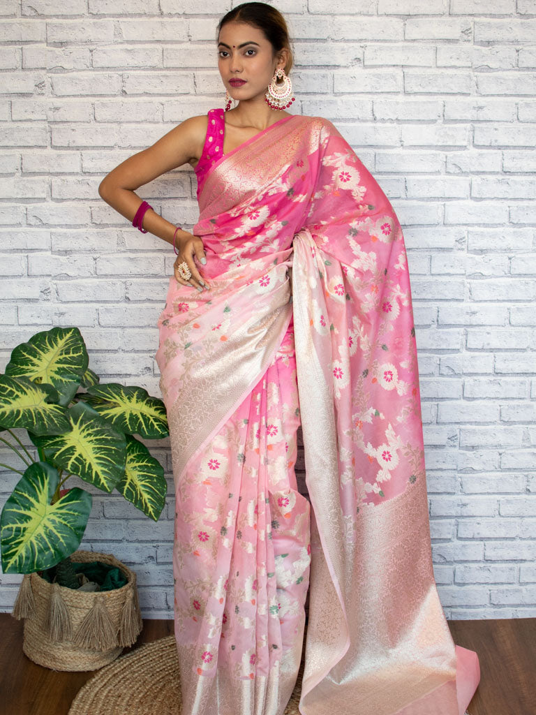 Banarasi Shaded Semi Silk Saree With Jaal Zari & Meena Weaving-Pink