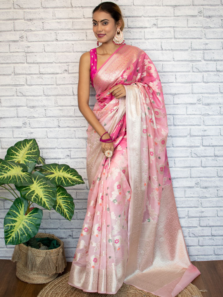 Banarasi Shaded Semi Silk Saree With Jaal Zari & Meena Weaving-Pink