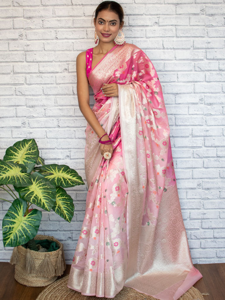 Banarasi Shaded Semi Silk Saree With Jaal Zari & Meena Weaving-Pink