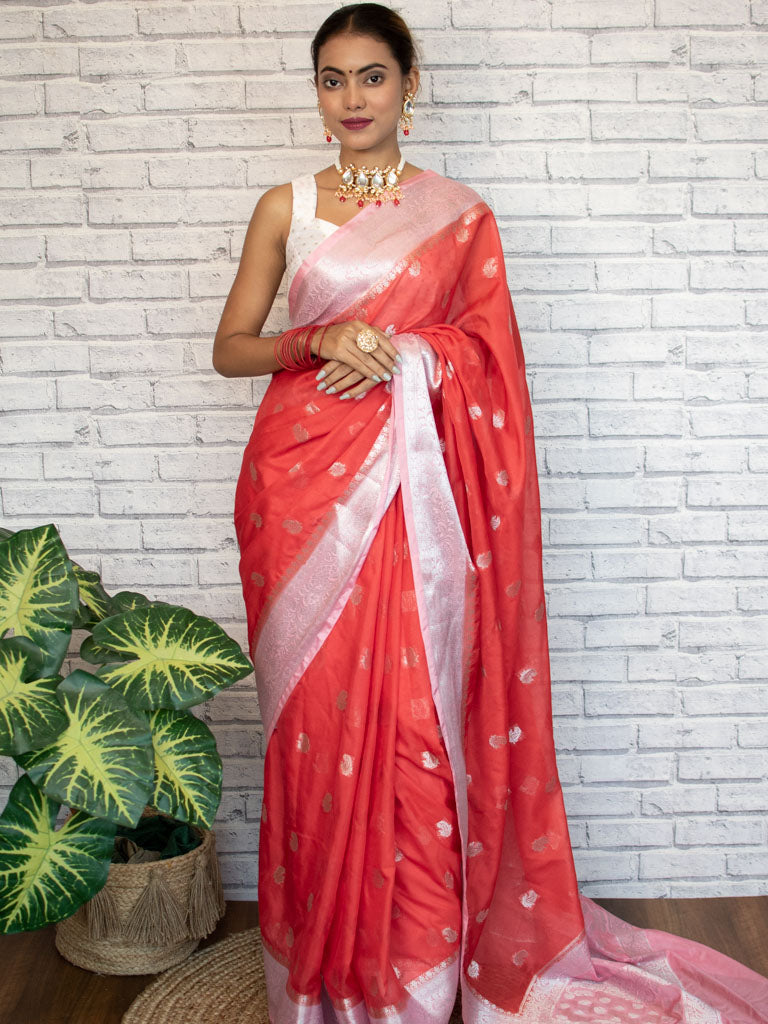 Banarasi Semi Chiffon Saree Silver Zari Buti Weaving & Contrast Border-Red
