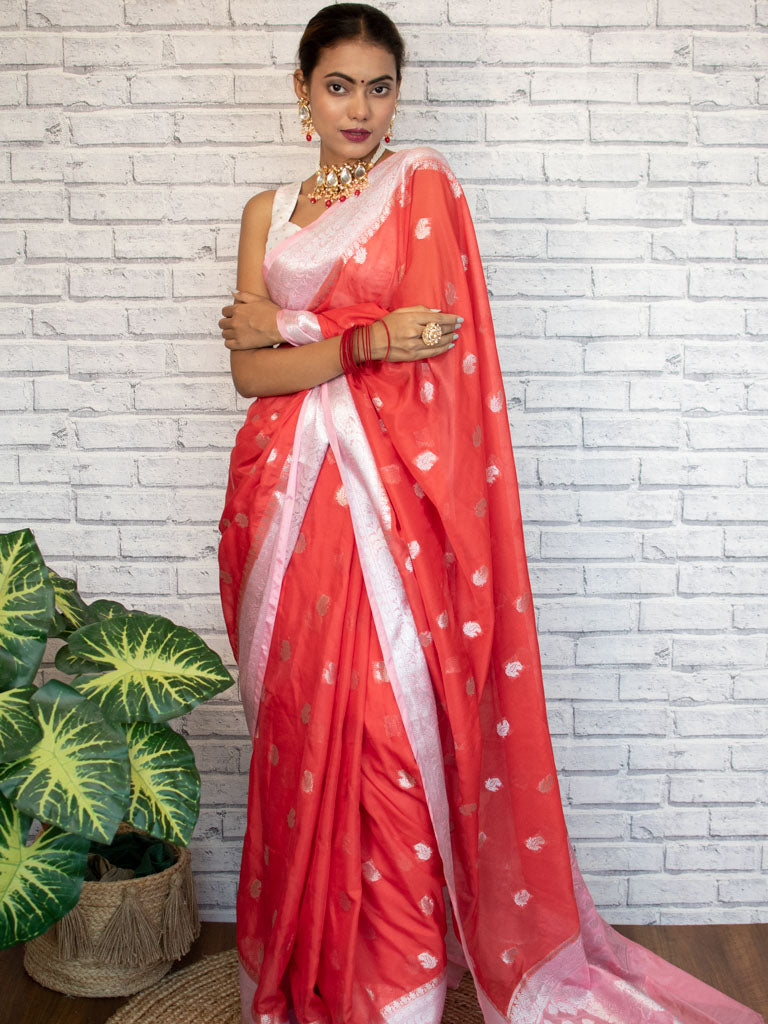 Banarasi Semi Chiffon Saree Silver Zari Buti Weaving & Contrast Border-Red
