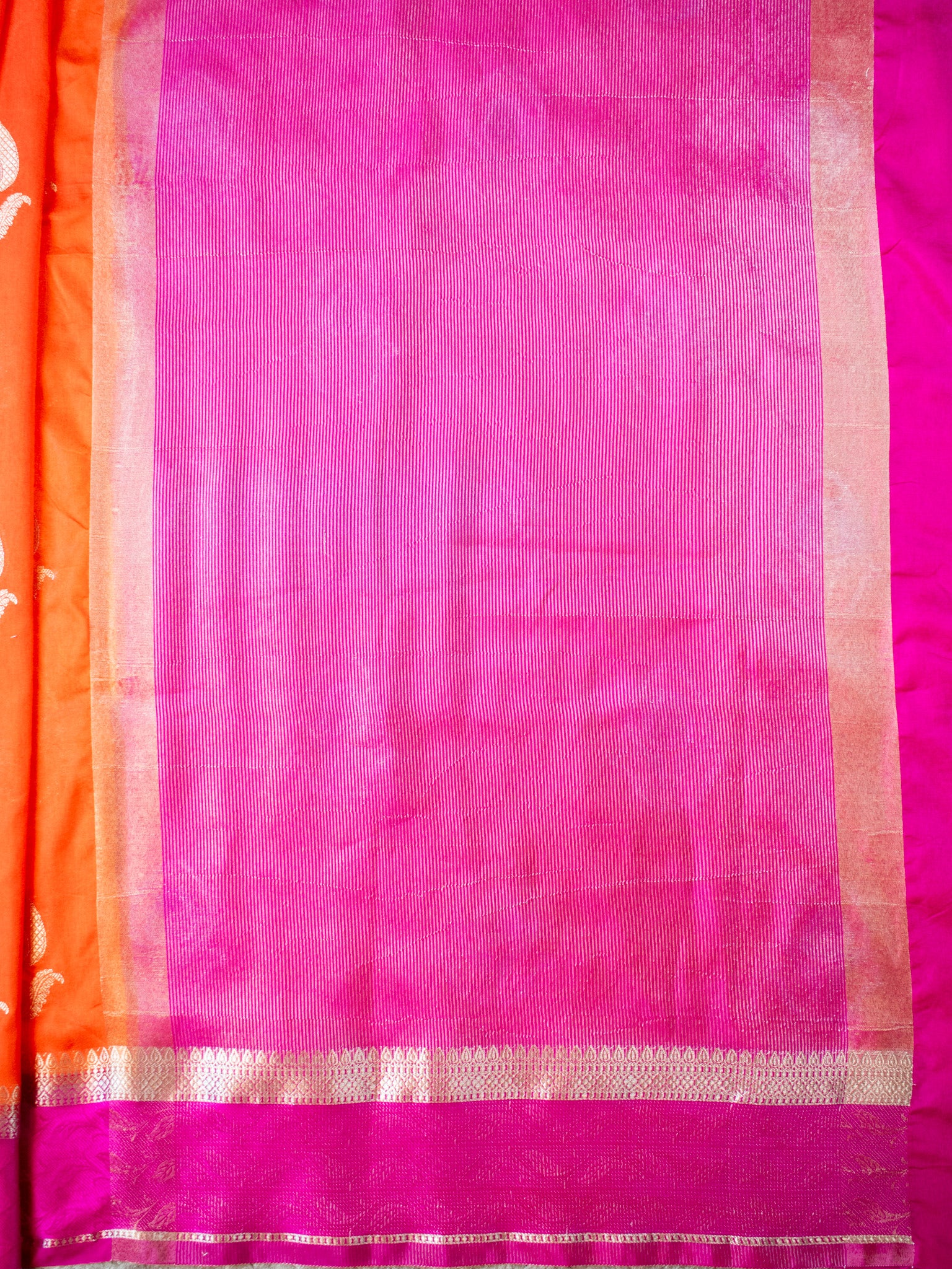 Banarasi Semi Silk Saree With Floral Zari Weaving & Contrast Border - Orange