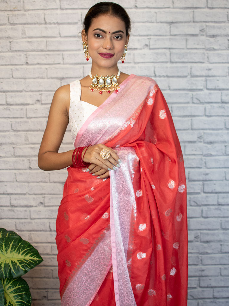 Banarasi Semi Chiffon Saree Silver Zari Buti Weaving & Contrast Border-Red